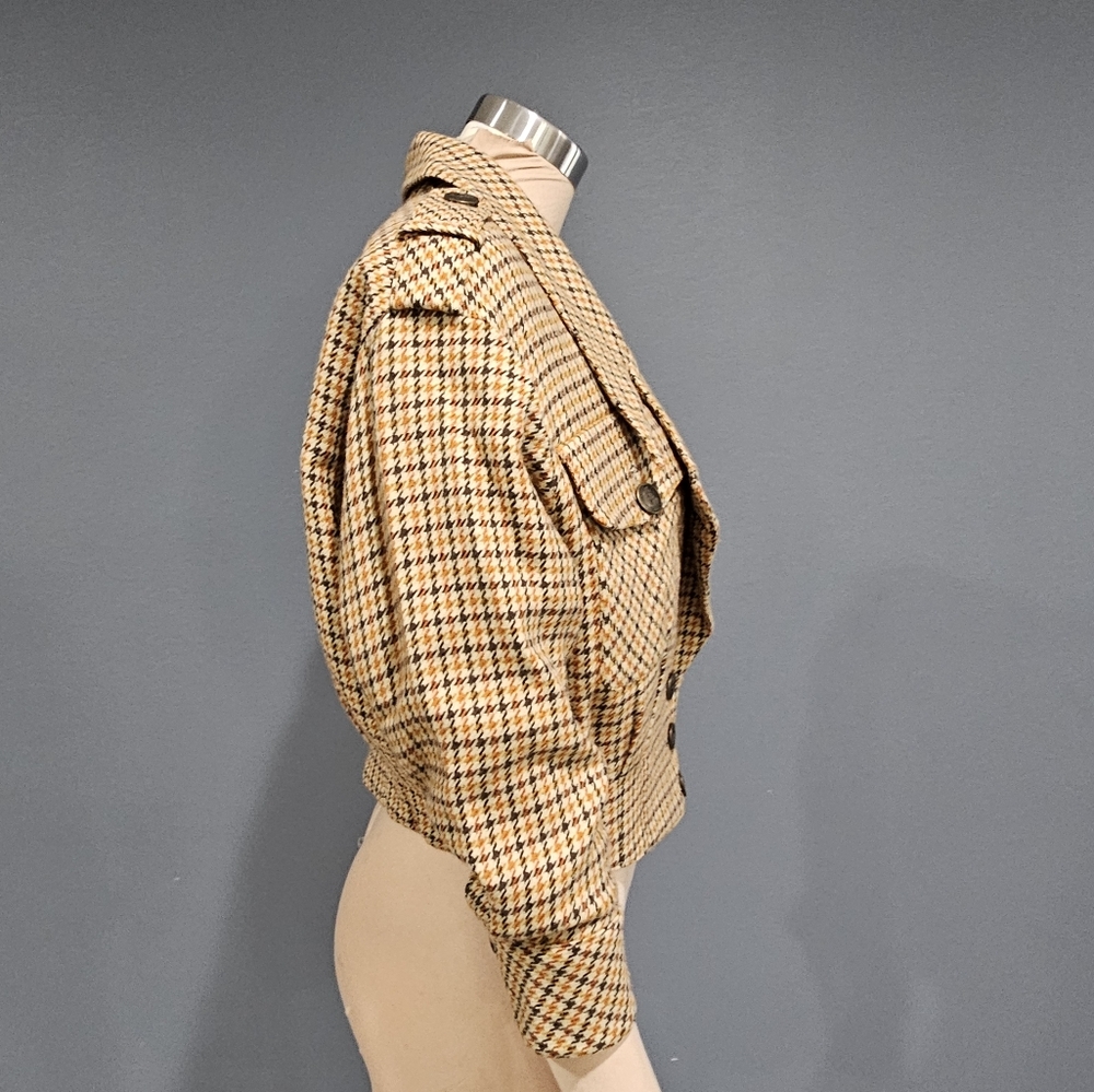 ATELIER SAB Women Wool Houndstooth Cream Brown Orange Cropped Jacket M/L - Picture 4 of 10